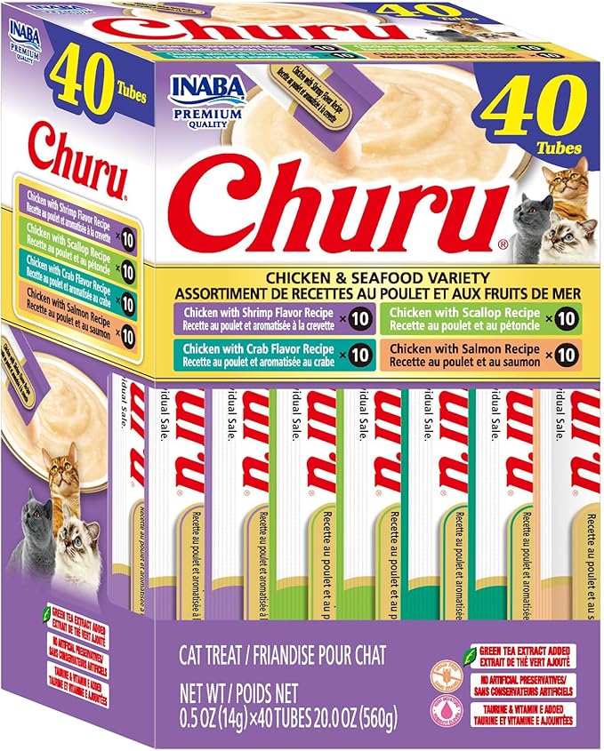 INABA Churu Cat Treats, Lickable, Squeezable Creamy Purée Cat Treat with Green Tea Extract & Taurine, 0.5oz. Each Tube, 40 Tubes, Chicken & Seafood Variety