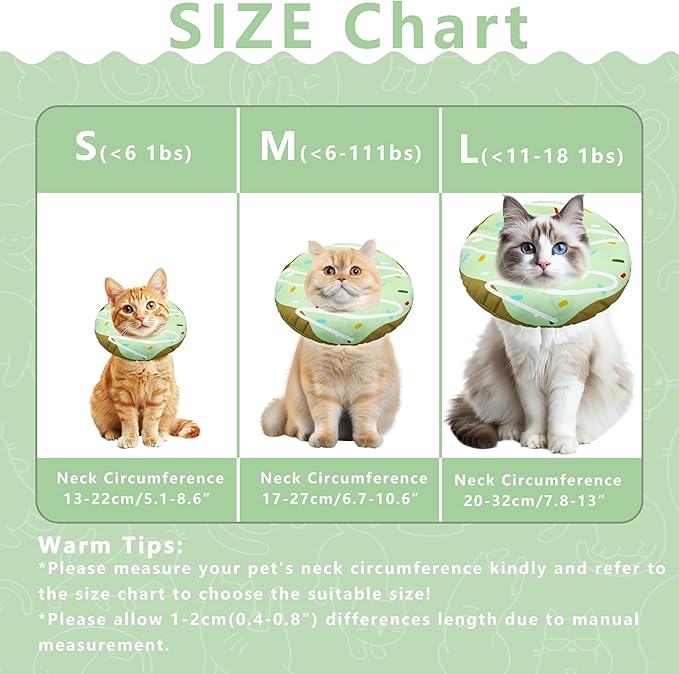 Seyezo Cat Cone Collar Soft, Adjustable Cat Recovery Collar Kitten Cones to Stop Licking, Cute Donut E Collar After Surgery, Cats Neck Pillow Cone Elizabethan Cones of Shame (Waterproof Green, Medium)