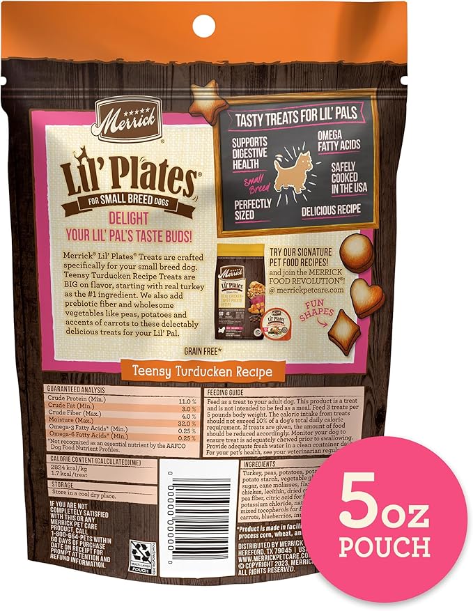 Merrick Lil’ Plates Grain Free Small Dog Treats, Natural Training Treats For Small Dogs, Teensy Turducken - 5 oz. Pouch