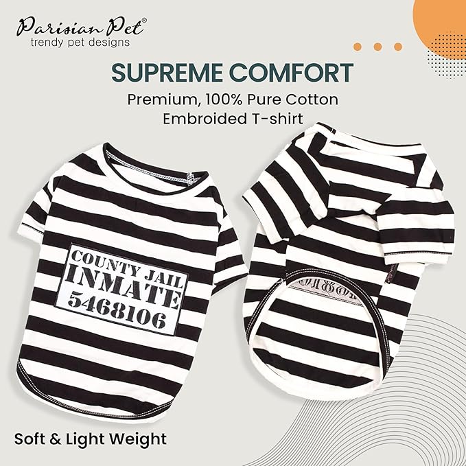 Parisian Pet Prisoner Dog Costume - 100% Cotton Striped Dog Clothes for Medium Dogs - Lightweight Puppy Outfits - Funny Schitzu Clothes - Sleeved Shirt for Dogs - Stretchy and Stylish Pet Costume