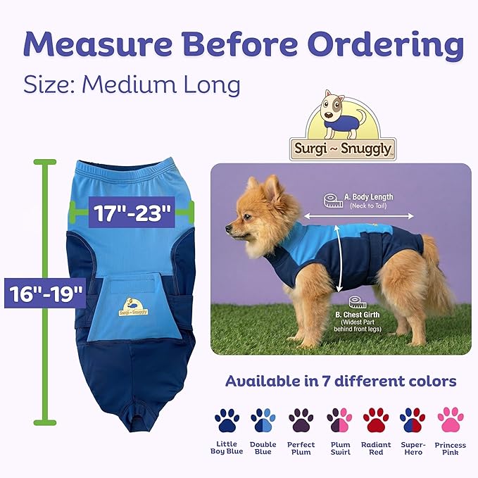 Surgi Snuggly Dog Surgery Recovery Suit – Dog Onesie for Post Surgery Recovery, Female Spay & Male Neuter – Surgical Suit for Dogs, E-Collar Cone Alternative, Double Blue - Medium Long, 16" - 19" (EC)