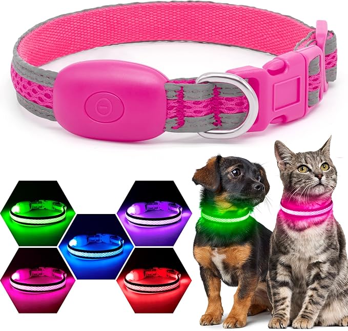 Flashseen LED Dog Collar, Light Up Dog Collar USB Rechargeable, Brightest Dog Lights for Night Walking, Adjustable Dog Collar Light for Dog Safety (Pink, X-Small)