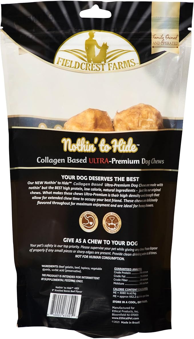 Fieldcrest Farms Nothin’ to Hide Ultra Knotted Bones – Collagen-Based Rawhide Alternative Dog Chews, Beef Flavor, Highly Digestible for Aggressive Chewers up to 35 lbs, 9-Inch, 2 Pack