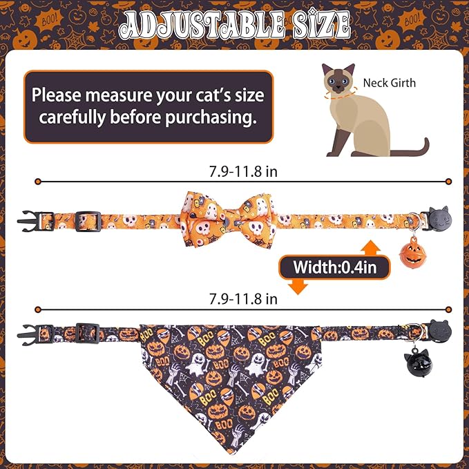 EXPAWLORER Halloween Cat Collar Breakaway with Removable Bowtie and Bandana, Adjustable Holiday Cute Kitten Collar with Pumpkin Bell, Ideal Festival Decoration Gift for Cats Puppies, 2 Pack