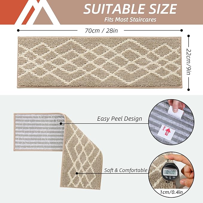 COSY HOMEER Soft Stair Treads Non-Slip Carpet Mat 28inX9in Indoor Stair Runners for Wooden Steps,Stair Rugs for Kids and Dogs, 100% Polyester TPE Backing 4pcs,Beige,Rhombus