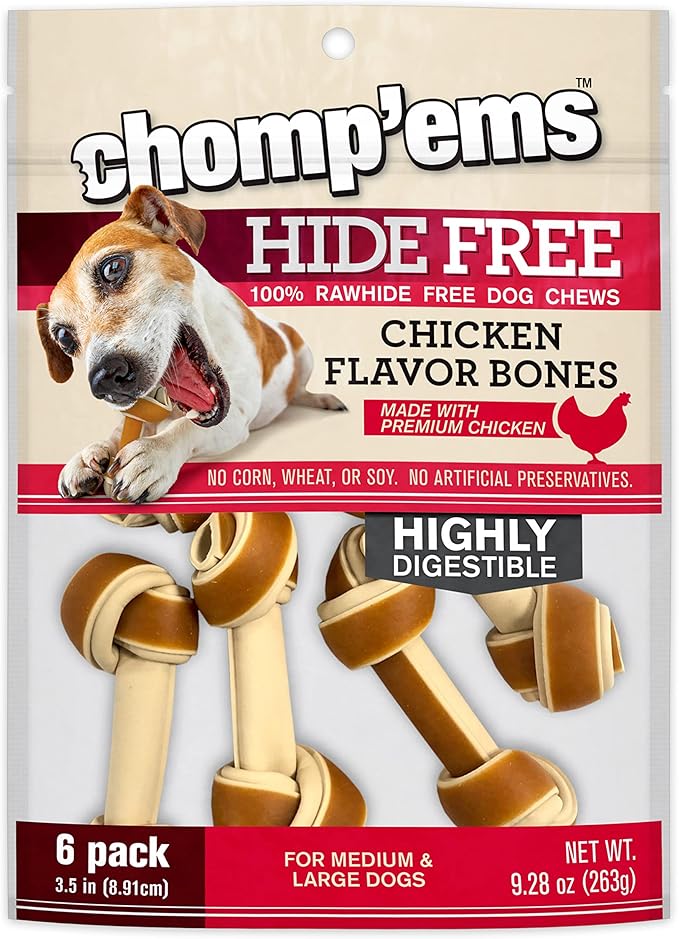CHOMP 'EMS Chicken Hide Free Dog Chews - Rawhide Free Dog Treats - No Hide Alternative Chew Treat for All Life Stages, Bone, 3.5", 6 Count
