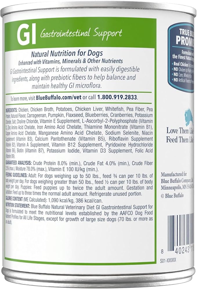 Blue Buffalo Natural Veterinary Diet Gastrointestinal Support Wet Dog Food, Veterinarian Prescription Required, Chicken, 12.5-oz. Cans (12 Count)