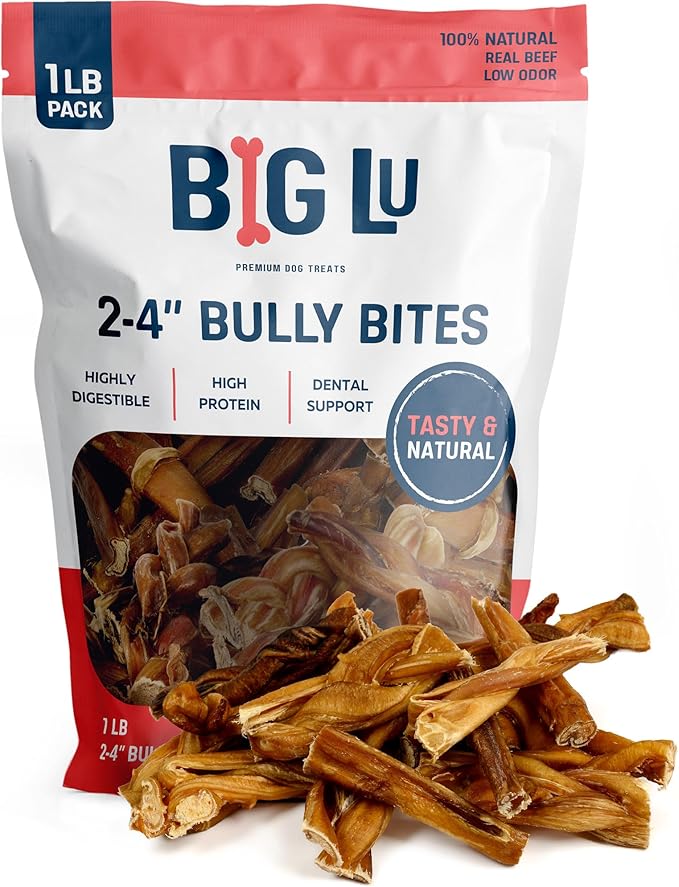 Big Lu - 2-4” Bully and Braided Bites, Variety Bag - 1 lb of 100% Grass-Fed Beef Chews for Small and Medium Dogs, Natural, Fully Digestible, Long-Lasting Treats
