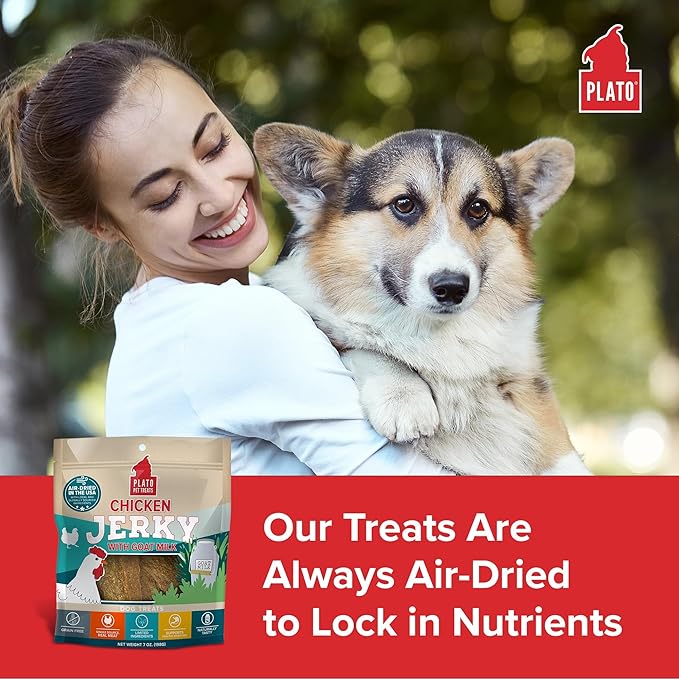 Plato Pet Treats Jerky Dog Treats - Air-Dried Jerky for Dogs - Delicious, Real Meat Dog Treats - Grain Free - Supports Healthy Digestion - Chicken Jerky with Goat Milk 16oz
