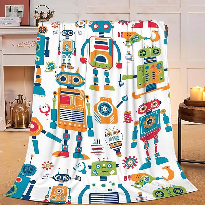 Robot Throw Blanket Cartoon Robot Machine Gifts for Kids Teens Girls Boys Adults Soft Cozy Warm Plush Fluffy Fuzzy Fleece Blanket Birthday Festival Decor 50''X60''