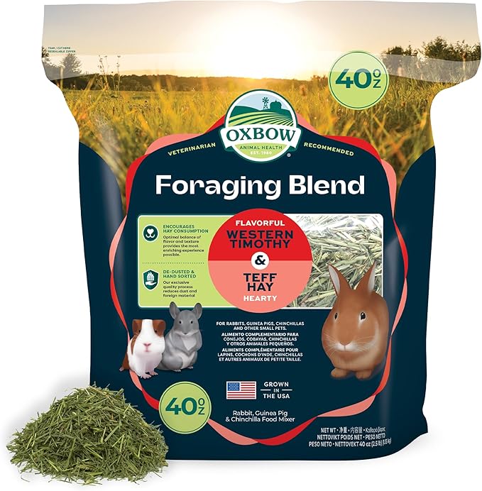 Oxbow Foraging Hay Blends Western Timothy & Teff, Hay for Rabbits, Guinea Pigs, Chinchillas, Small Pets, Supports Healthy Digestion, Premium High-Fiber, Small Pet Supplies, 40 oz Bag, Rabbit Food