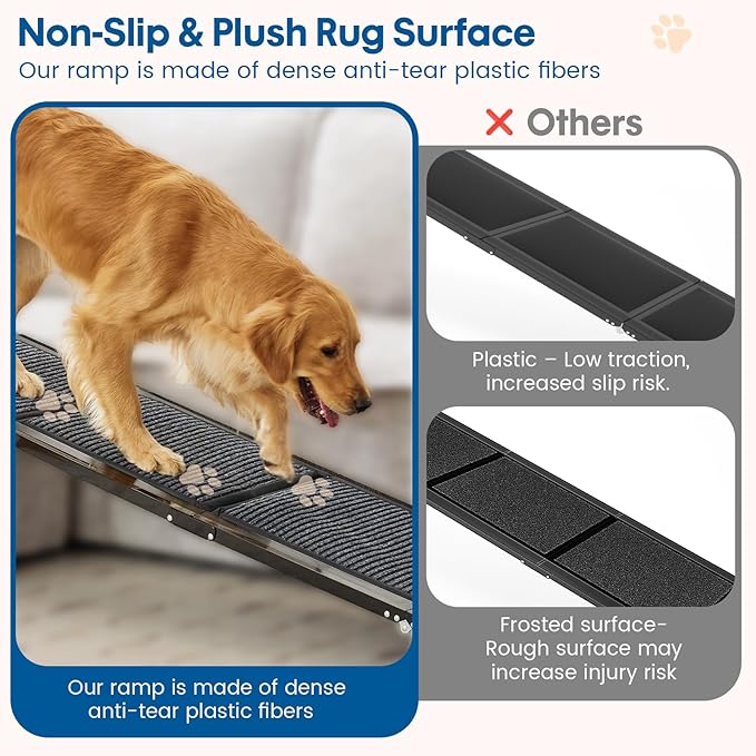 HBTower 63" Long & 17.3" Wide Folding Dog Ramp for Car, SUV & Truck – Portable Pet Ramp with Non-Slip Surface, Extra Wide Steps for Large Dogs Up to 250LBS