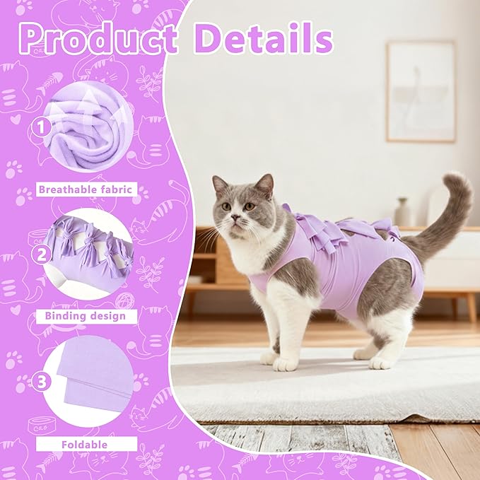 Cat Recovery Suit Anti Licking, Cats Surgery Recovery Suit Female Kitten Onesie After Spay, Cone of Shame Alternative, Post-Surgery Kitten Surgical Clothes for Abdominal Wounds,Kont Purple,L