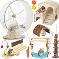 11 Pcs Hamster Cage Accessories Set, Bridge, Exercise Wheel, Swing, Chew Toys & More, Natural Wood Hamster Play Set for Dwarf Hamsters, Mice Small Animals Habitat(Wooden Hawaii House)