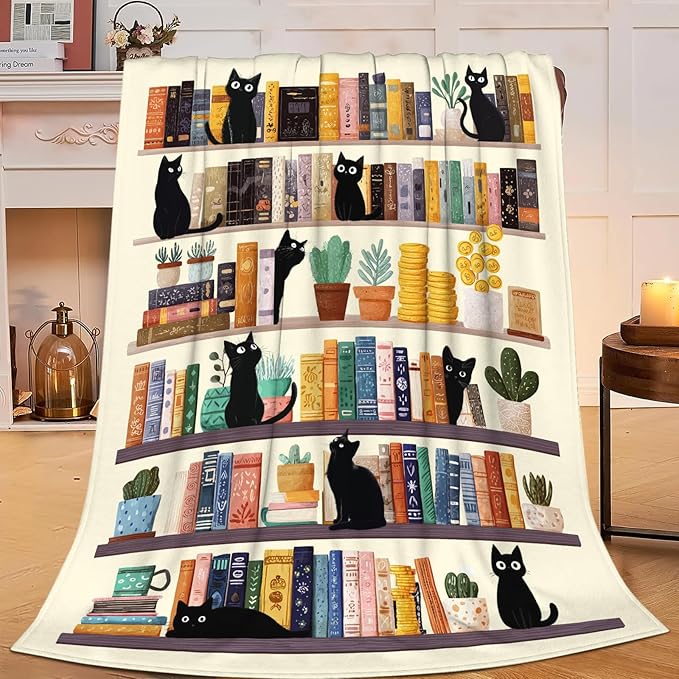 Black Cat Throw Blanket Book Cat Bookshelf Stuff Gifts for Kids Girls Boys Adults Women Men Soft Cozy Warm Plush Fluffy Fuzzy Fleece Blanket Decor 60''X80''