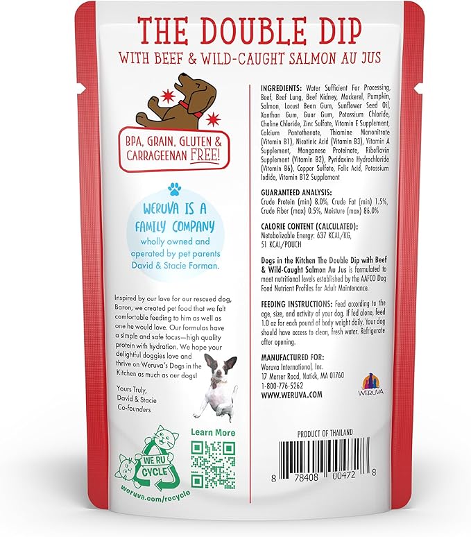 Weruva Dogs in The Kitchen, The Double Dip with Beef & Wild-Caught Salmon Au Jus Dog Food, 2.8oz Pouch (Pack of 12), Red