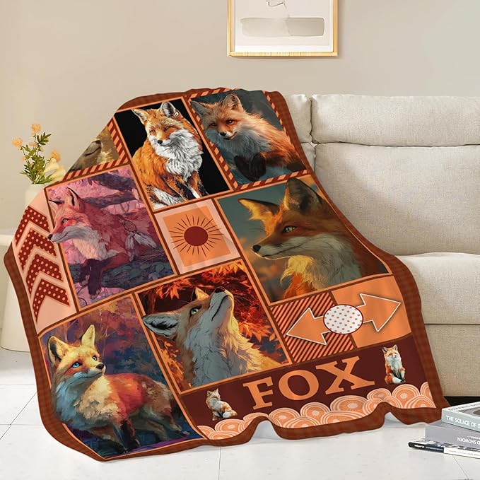 Fox Throw Blanket Orange Fox Stuff Gifts for Kids Girls Boys Adults Women Men Soft Cozy Warm Plush Fluffy Fuzzy Fleece Blanket Decor 50''X60''