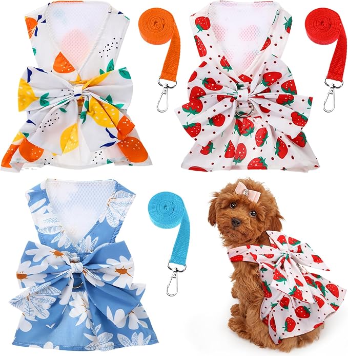 3 Pieces Dog Harness Dress and Leash Set Cute Female Dog Dresses Assorted Styles Puppy Clothes Breathable Polyester Pet Doggy Outfits Puppy Princess Skirt for Pet Dog Cat(Meidum)