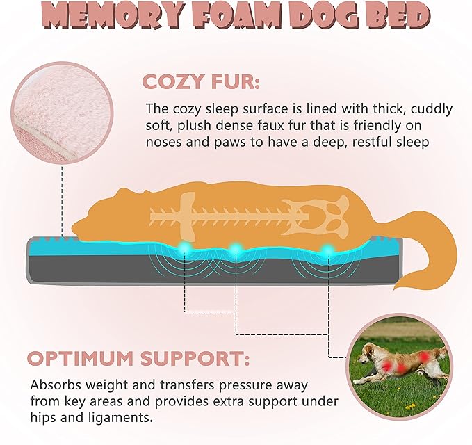WATANIYA PET Memory Foam Large Dog Bed, Orthopedic Dog Crate Bed with Cooling Gel Foam, Waterproof Liner and Washable Cover, Joint Relief Pet Sleeping Bed for Medium Large Dogs (Pink)