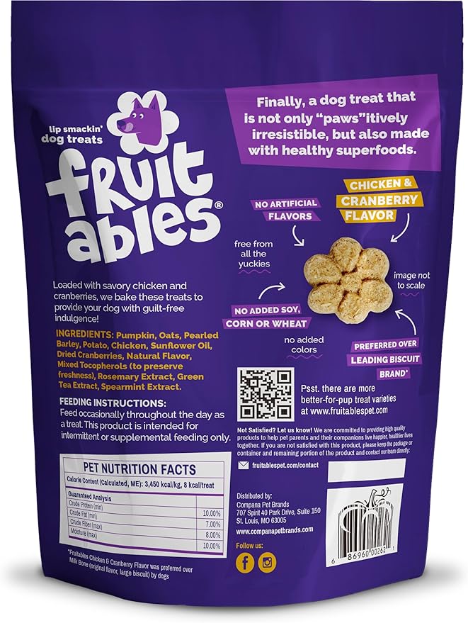 Fruitables Baked Dog Treats, Healthy Pumpkin Treat for Dogs, Low Calorie & Delicious, Made Without Wheat, Corn and Soy, Made in The USA, Allergy Friendly, Chicken and Cranberry Flavor, 12 oz