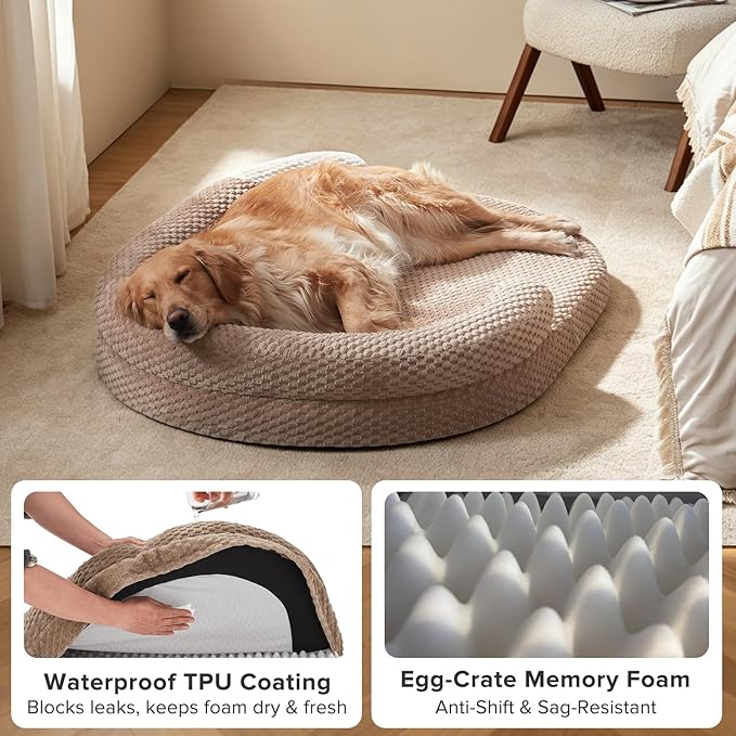 JOEJOY Orthopedic Dog Bed Medium Size Dogs, Waterproof Washable Oval Dog Beds with Removable Cover, Egg-Crate Memory Foam Pet Bed with Bolster Sides & Non-Skid Bottom, Brown, 28''x20''