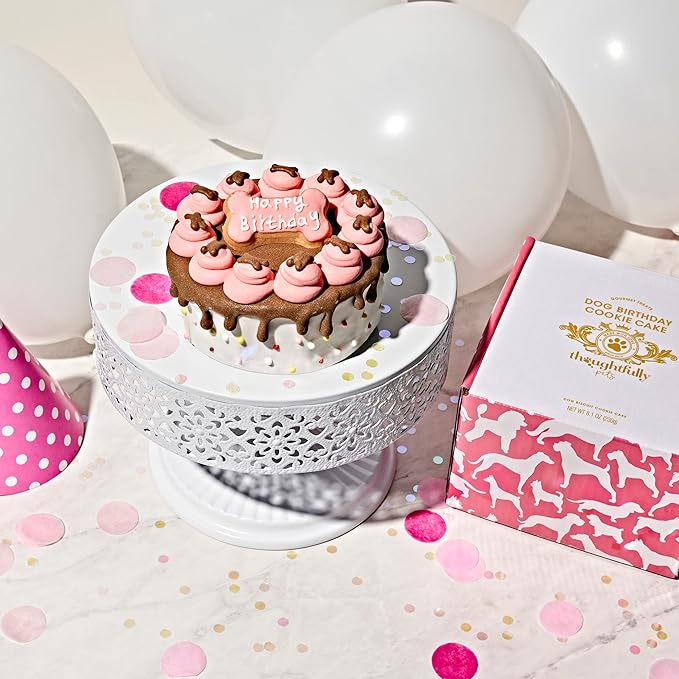 Thoughtfully Pets, Pink Dog Happy Birthday Mini Cookie Cake, Peanut Butter Flavored, Hand Decorated Hollow Biscuit Dog Treat Cake for All Small Large Breeds