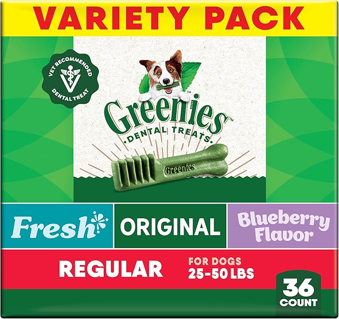 Greenies Veterinarian-Recommended Natural Dental Dog Treats, Dental Chews For Dogs, Regular Size, Variety Pack Flavor, (3) 12 oz. Packs, 36 Count