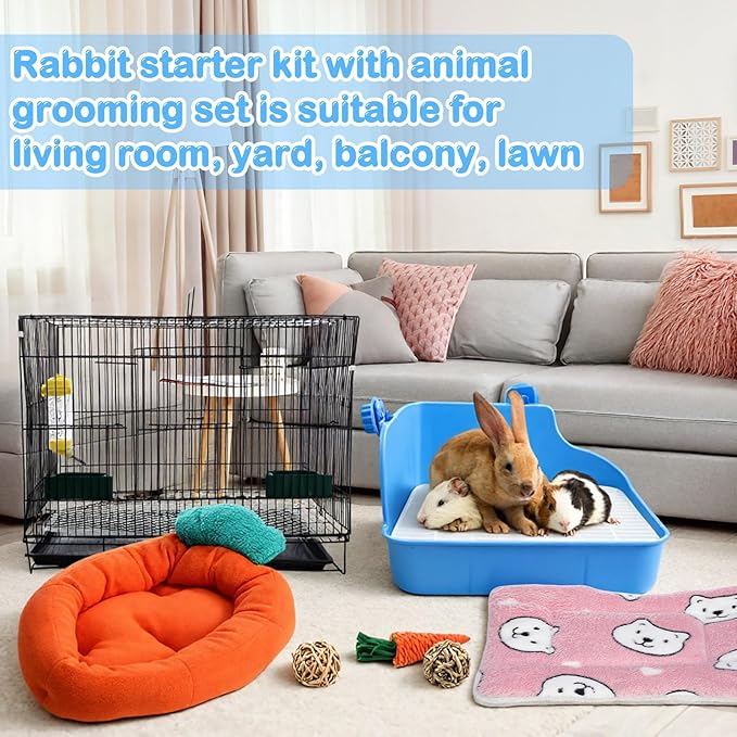 Abbylike 22 Pcs Rabbit Starter Kit with Cage, Rabbit Grooming Kit Bunny Cage Set with Bed, Litter Box, Water Bottle, Feeders, Toys, Grooming Cleaning Supplies for Indoor Rabbits Small Pets(Blue)