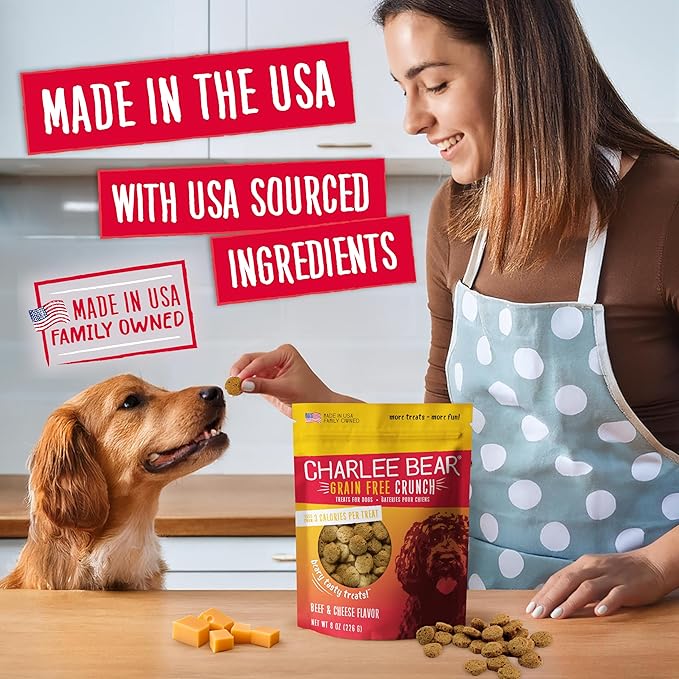 Charlee Bear Crunchy Dog Training Treats, Low Calorie (3 Kcal), Grain Free Natural Mini Dog Treats for Puppies, Small, Medium & Large Dogs, USA Made, Healthy Beef & Cheese Flavor 8oz (4-Pack)