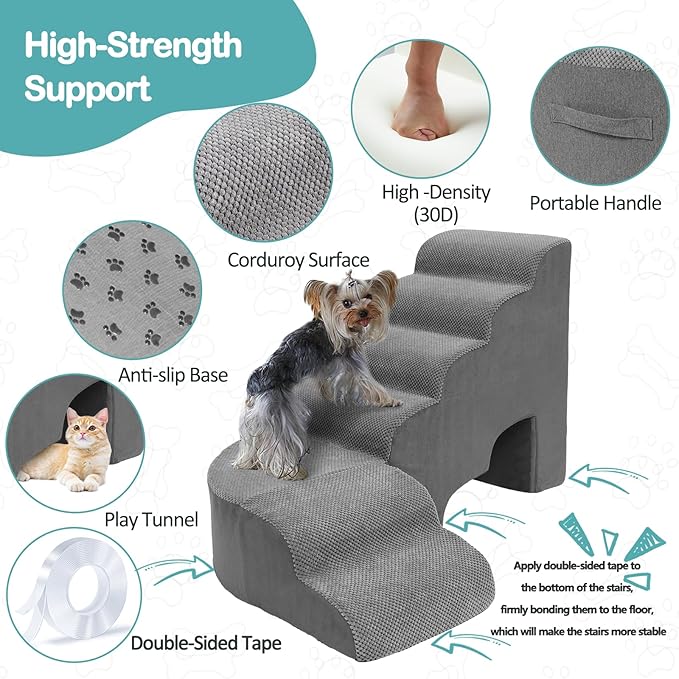 Dog Stairs for High Bed, Pet Stairs for Small Dog, 6 Tiers Steps for Dogs to Get on Beds, 30 inches L Shape Pet Step Ramps for Old Cats, Injured Dogs and Small Puppy