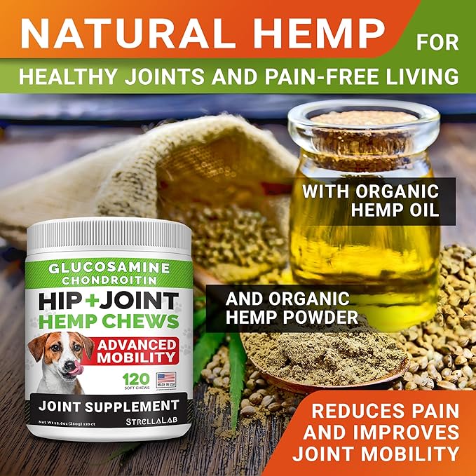 STRELLALAB Hemp Chews for Dogs - Hip & Joint Supplement with Glucosamine - Joint Pain Relief Treats - Omega 3, Chondroitin, MSM - Advanced Mobility Support - Bacon Flavor - 120 Ct - Made in USA