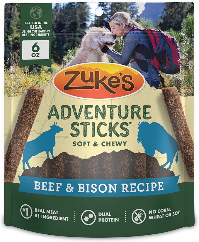 Zukes Adventure Sticks Beef and Bison Dog Treats, Natural Dog Treat Sticks - 6 oz. Pouch
