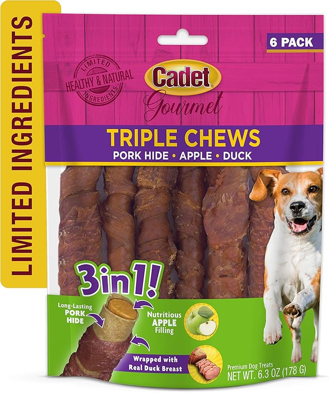 Cadet Gourmet Triple Chews Long-Lasting Pork Hide Sticks with Apple and Duck, Healthy Dog Treats for Small & Large Dogs, 6 Count