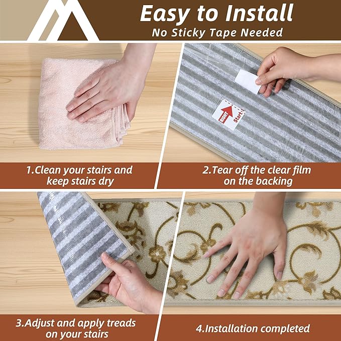COSY HOMEER-Stair-Treads-for-Wooden-Steps Washable Indoor Stair Treads Non Slip 8" X 30" Soft Stair Carpet Treads Reusable Peel and Stick Stair Runner Rug for Kids, Elders and Pets 4pcs