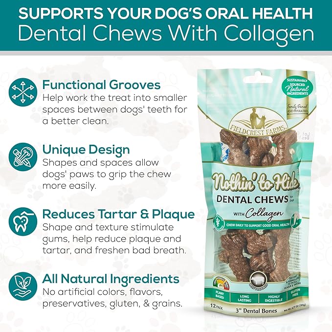 Fieldcrest Farms Dental Chews for Dogs, Wave (5inches, 6count Pack) – Tackles Plaque, Tartar, Promotes Dental Health – w/Collagen, Gluten-Free, for Aggressive Chewers up to 25 lbs