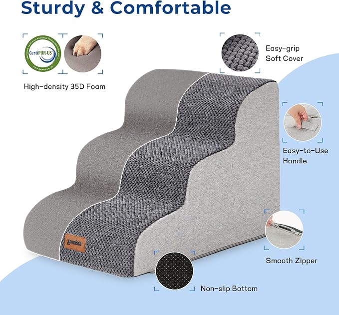 ZOMISIA Dog Stairs for Small Dogs - Pet Stairs for Couch and Bed, 35D Foam Dog Steps Ramp with Non-Slip Bottom Brown, 3 Steps