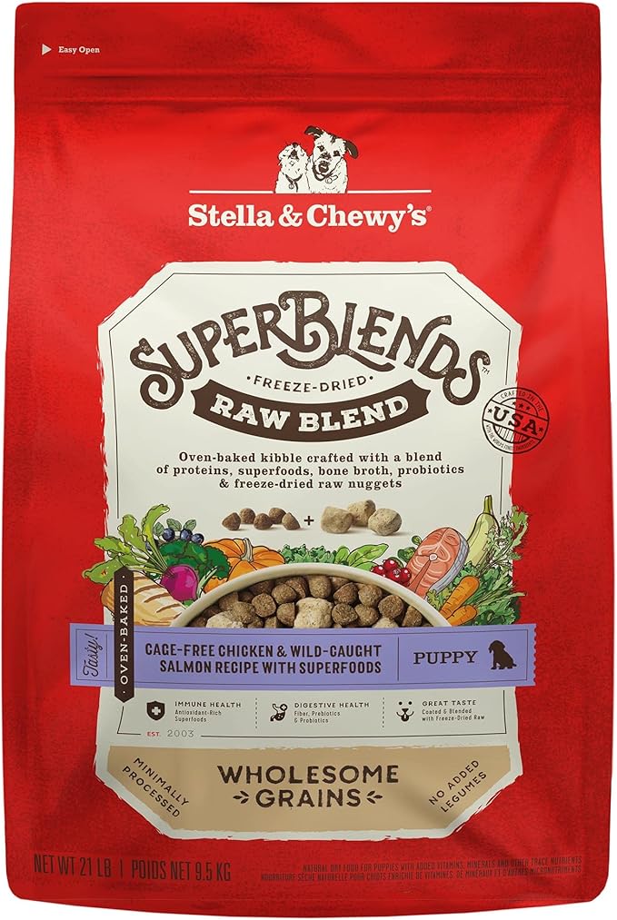 Stella & Chewy's SuperBlends Raw Blend Wholesome Grains Puppy Cage-Free Chicken & Wild Caught Salmon Recipe with Superfoods, 21 lb. Bag