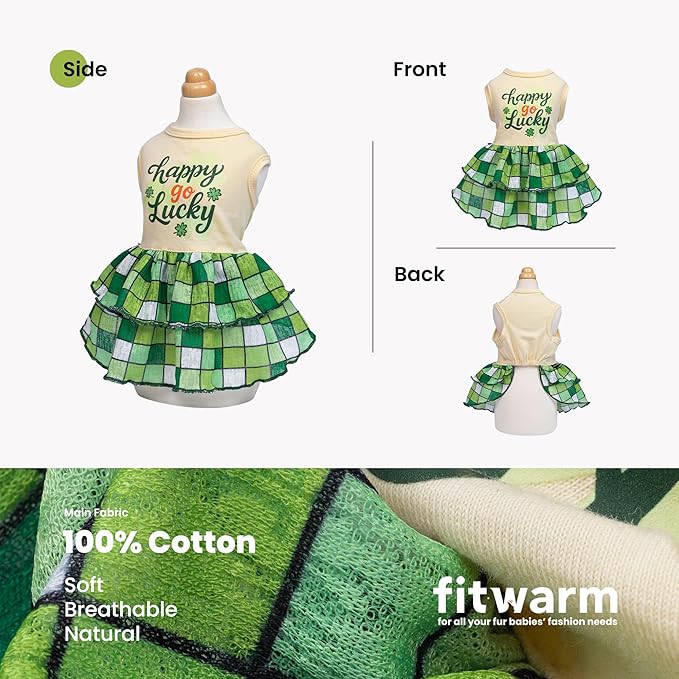 Fitwarm Happy Go Lucky Dog Dress, St Patricks Day Dog Clothes for Small Dogs Girl, Funny Pet Outfit, Green, Light Yellow, Small