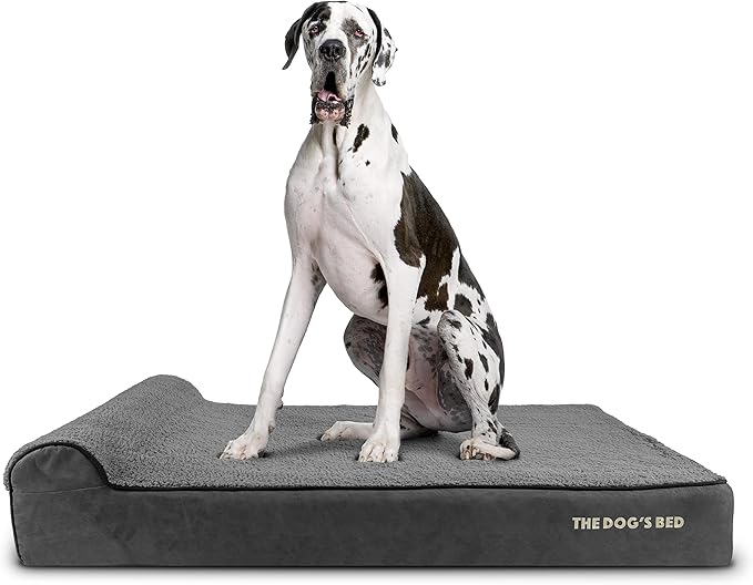 The Dog’s Bed Orthopedic Memory Foam Dog Bed with Headrest, Calming Surface – CertiPUR-Certified Foam, Plush Fabric, Grey Plush, XXL, 6-Inch