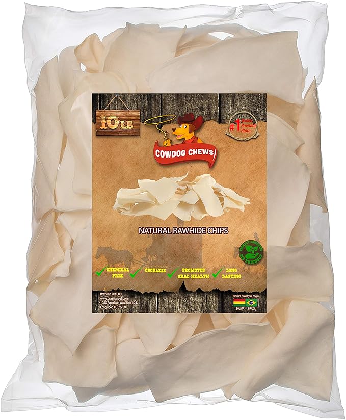 Cowdog Chews Natural Rawhide Chips – Premium Long-Lasting Dog Treats with Thick Cut Beef Hides, (10 Lb)