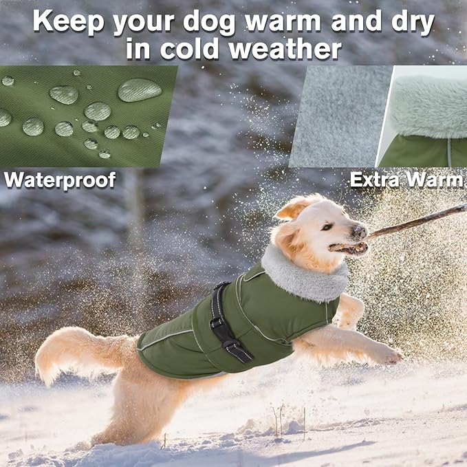Lelepet Warm Dog Coat Reflective Fleece Vest Waterproof Dog Jacket with Adjustable Buckle Hook & Loop Windproof Cold Weather Coats for Small Medium Large Dogs, Army Green, XL