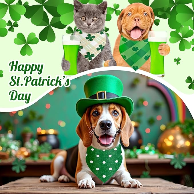Shyyween 100 Pcs St Patricks Day Bandanas Bulk for Dogs Adjustable Irish Shamrocks Clover Green Plaid Triangle Soft Bibs Puppy Bandana for Small Medium Large Pet Costume(25.6 x 17.7 x 17.7 Inch)