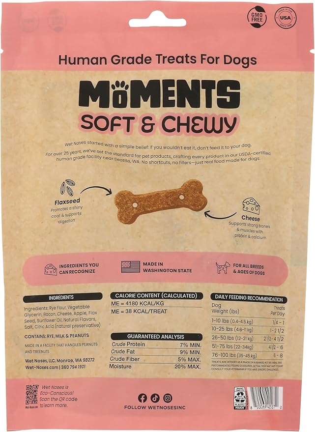 Wet Noses Moments Soft & Chewy Dog Treats – All-Natural, Human-Grade, Non-GMO, Healthy Training & Delicious Snacks for Dogs, for All Dog Sizes & Breeds – Cheesy Bacon, 10oz (Single Pack)