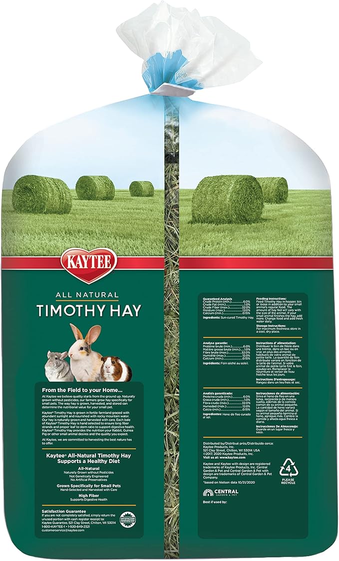 Kaytee Timothy Hay, High Fiber, Grown Specifically for Small Animals, Rabbits, Guinea Pigs, Chinchillas, 96 Ounces