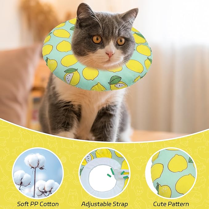 Seyezo Cat Cone Collar Soft, Adjustable Cat Recovery Collars Kitten Cones to Stop Licking, Cute Donut Neck Collar After Surgery, Elizabethan Collar for Cats After Spay (Green Lemon, Small)