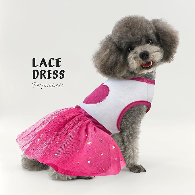 Idepet Spring Summer Pet Dog Cat Puppy Tutu Princess Dress Heart Printed Lace Dog Skirt Pet Apparel Dog Dress (Rose Red, S)