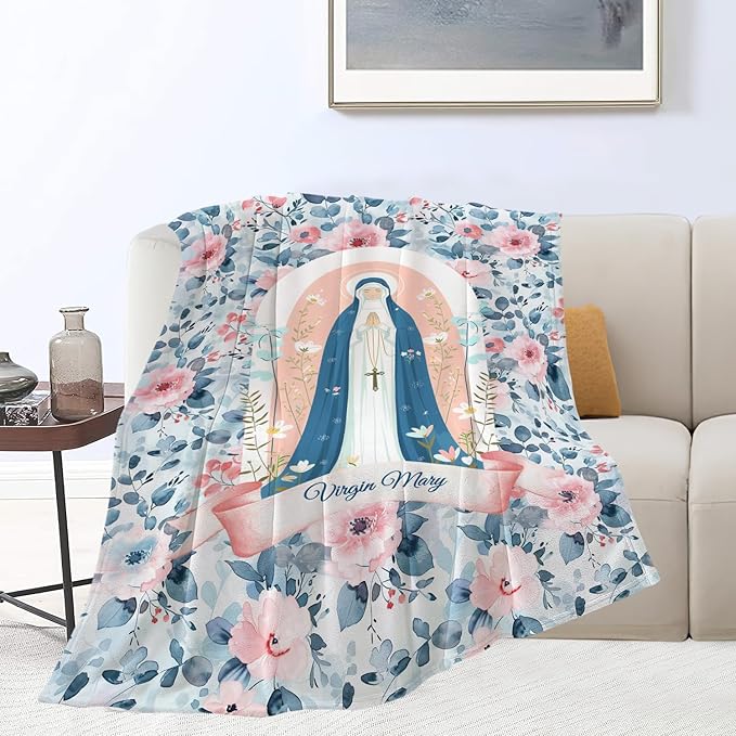 Virgin Mary Throw Blanket Christian Religious Scripture Catholic Spiritual Stuff Gifts for Adults Women Soft Cozy Warm Plush Fluffy Fuzzy Fleece Blanket Decor 40''X50''