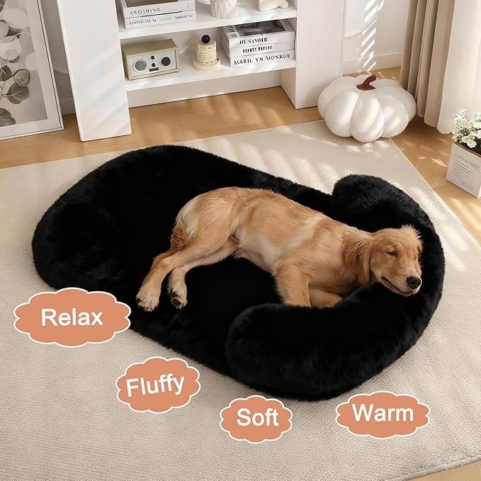 Calming Dog Beds for Medium Large Dogs, Orthopedic Cushion Plush Large Pet Bed Lounge with Washable Cover, Anti-Anxiety Soft Fluffy Faux Fur Fits up to 60 lbs Pets (Oval, Black 40"x30")