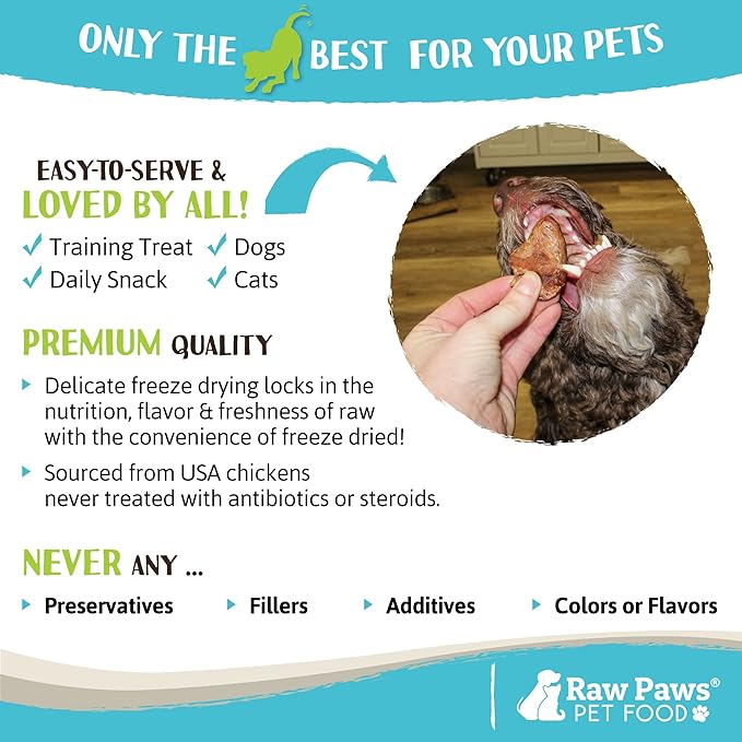 Raw Paws Whole Freeze Dried Chicken Hearts for Dogs & Cats, 4-oz Whole - Made in USA - Freeze Dried Chicken Dog Treats Single Ingredient Treats for Cats
