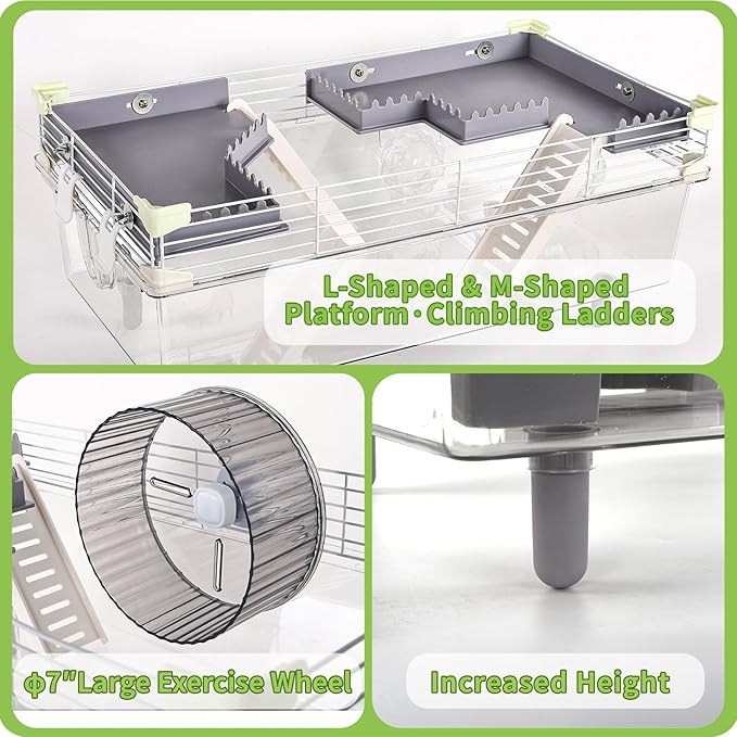 Large Multilevel Hamster Cage 22x12x15in for Dwarf Hamster Robo Hamster with 2 Platforms, Exercise Wheel, 3 Connectable Tube Ports, 2 Ladders, Sunroof Door, Plastic Metal Wire, Clear/Gray